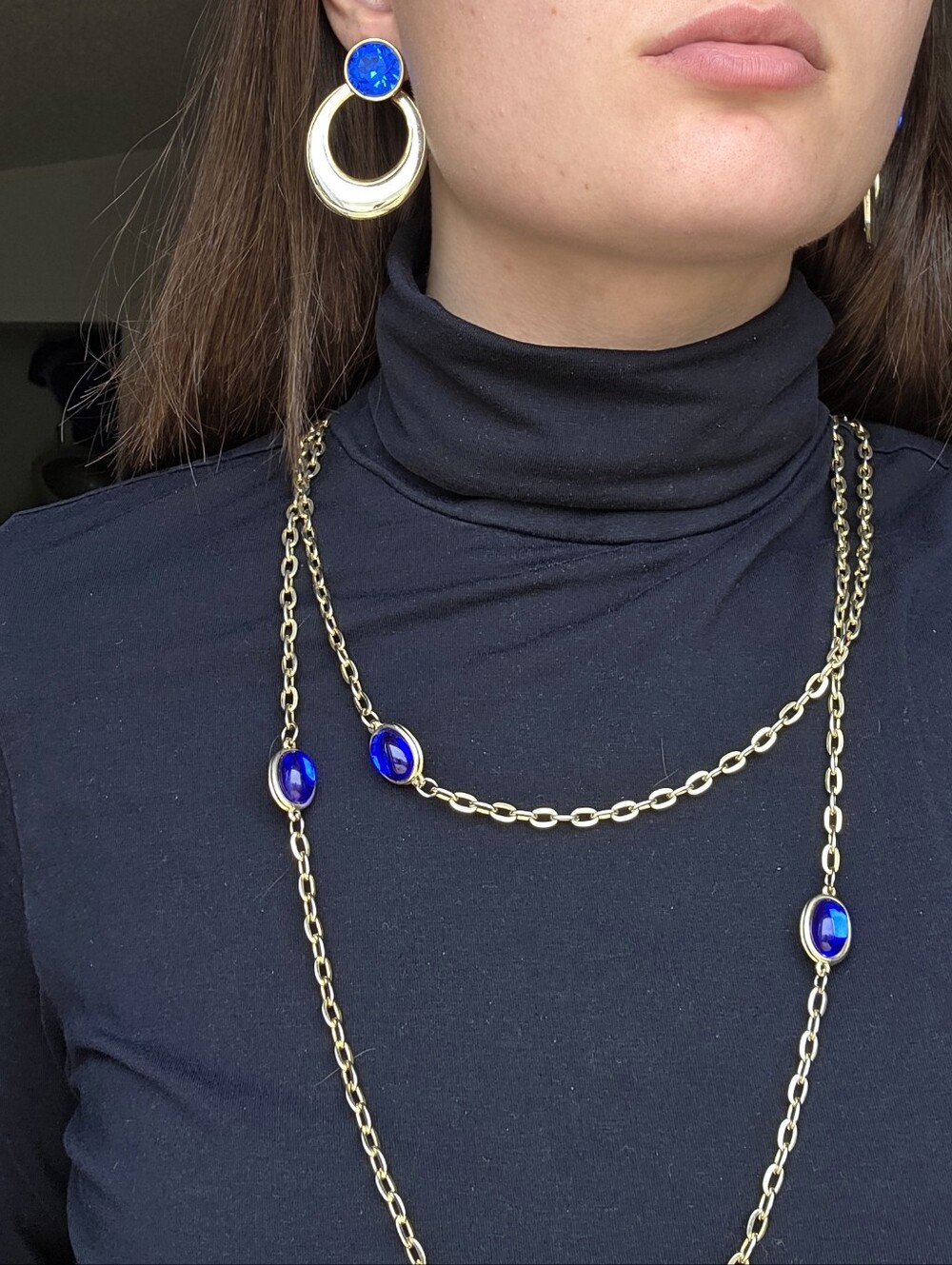 90's Signed TAT Gold-Tone Necklace and Earring Set with Royal Blue Glass